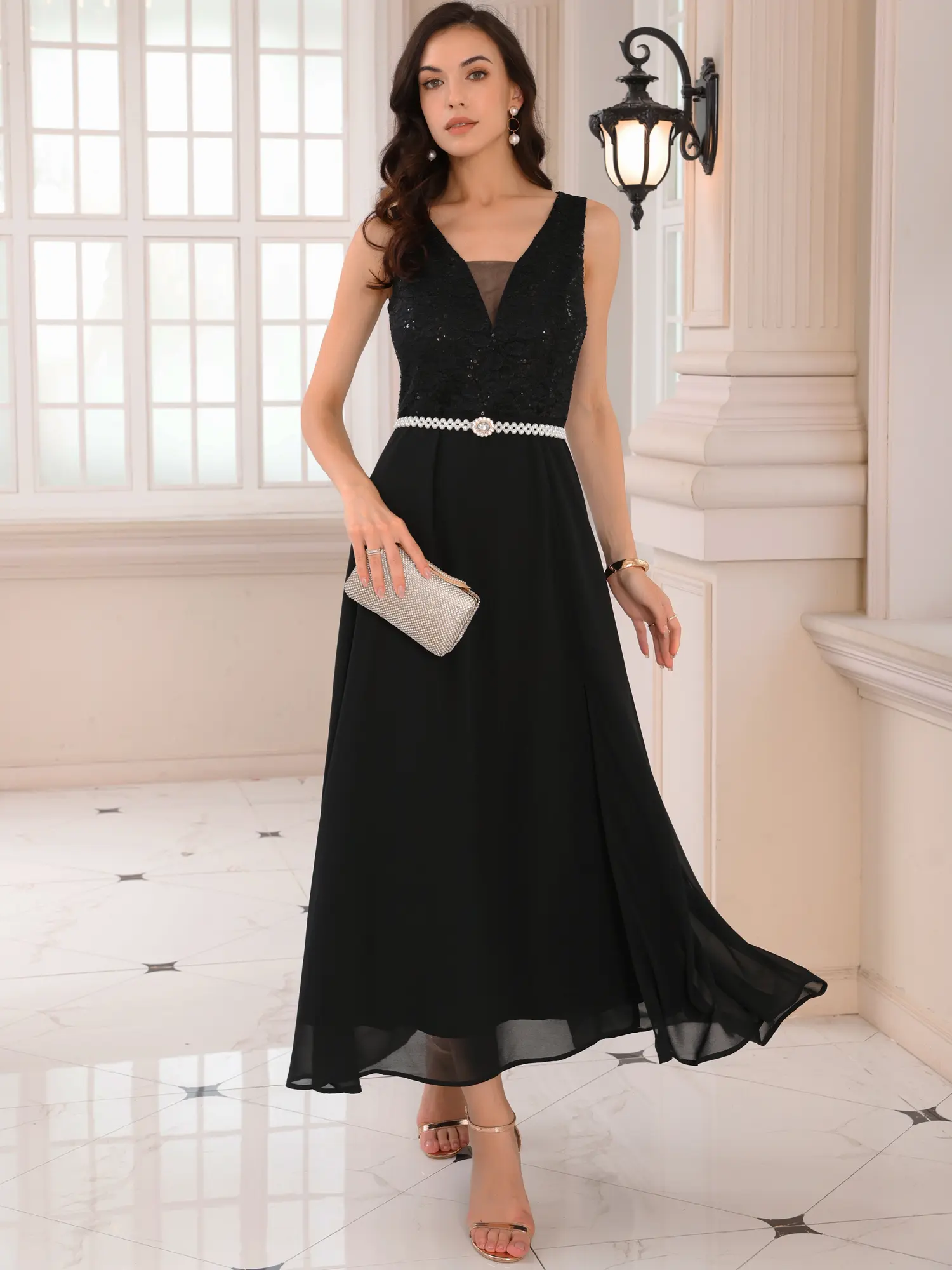INSPIRE CHIC Women's Gown Lace V Neck Sleeveless Cocktail Wedding Guest Dress