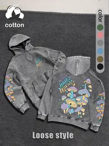 Women's street retro style colorful mushroom illustration print washed Long Sleeve hooded sweatshirt fashionable and trendy casual hoodie, loose and thin hooded sweatshirt with pockets, women's spring and autumn wear