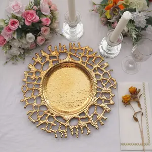 6-Pack Acrylic Charger Plates 13" Round Gold Molten Branch Design - Plastic Hollow Lace Decorative Dinner Party Charger Tableware