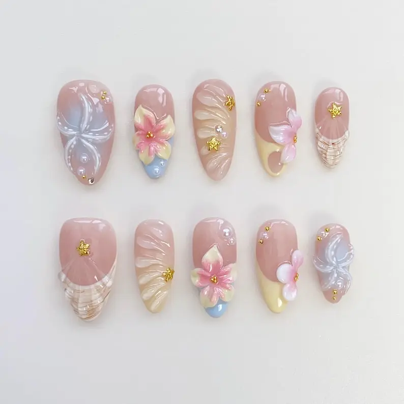 Starfish Bloom Elegance Press On Nails Short Almond Nails/Flower Nails/Yellow Nails/Spring Summer Nails/Shell Nails/Birthday Nails