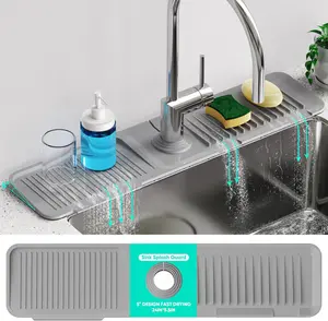 Faucet Mat for Kitchen Sink 5° Slope Fast Self-Draining 24Inch*5.5Inch Silicone Splash Guard with Cuttable Hole Design for Easy Fit and No Leak Home House