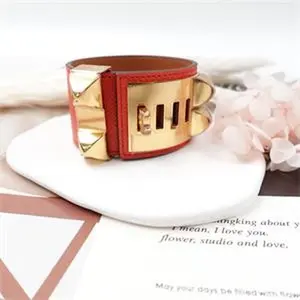 Pre-owned Hermes Gold Tone Red Calfskin&Rivet Wide Bracelet T ZY0000104205