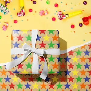 RUSPEPA Kraft Wrapping Paper Roll - Mini Roll - Colorful Birthday Star Design Great for Birthday, Party, Baby Shower - 17 Inches X 32.8 Feet