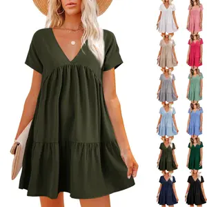Goranbon Women V Neck Flowy Babydoll Dresses Summer Short Sleeve Swing Shift Loose Casual Summer Mini Tunic Dress Womenswear Comfort