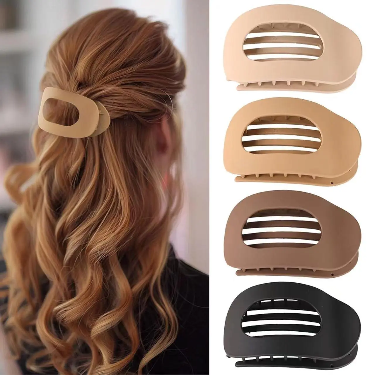 Solid color oval hair clip for women, leopard print matte curved flat hair clip, acrylic draping hair accessories, simple design, safety clip suitable for all hair types, versatile and suitable for any occasion