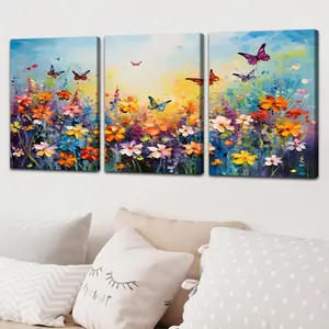 Flower & Butterfly Pattern Floral Abstract Design Canvas Painting with Frame, 3 Counts/set Artistic Modern Wall Art Painting, Wall Art Decor for Home Living Room Bedroom Office