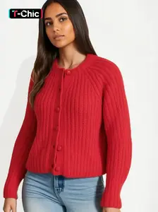 Modest Special Women's Plain Button Front Raglan Sleeve Knitted Cardigan, Casual Long Sleeve Round Neck Knitwear for Fall & Winter, Fashion Women's Knit Clothing for Daily Wear, Sweaters for Women