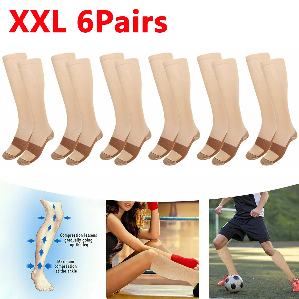 6 Pairs Copper Compression Ankle Socks for Men & Women, Non-Slip Pilates Grips, 20-30mmHg Optimal Compression Stockings for Sports & Pregnancy