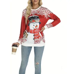 Women's Longsleeves Knit Pullover Sweatshirt - Winters Cozy Charm Crew Neck, Snowman Print, Soft Micro-Elastic Polyester Fabric, Machine Washable, Casual Loose Fit Tops, Ideal for Christmas Festive Occasion