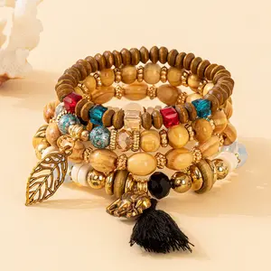 Boho Bracelet Set for Women, Tassel Beaded Layered Bracelet with Tree Leaf and Elephant Charms, Clear Glass Beads, Handmade Bohemian Jewelry Gift