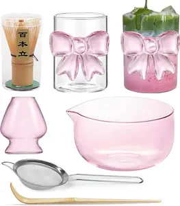 Matcha Set Whisk, matcha Bowl with Spout,Glass Bow Matcha Cup for Iced Coffee Matcha Latte,Sifter, Whisk Holder,Scoop 6 count Cute Matcha Kit   Set Ceremonial Gifts