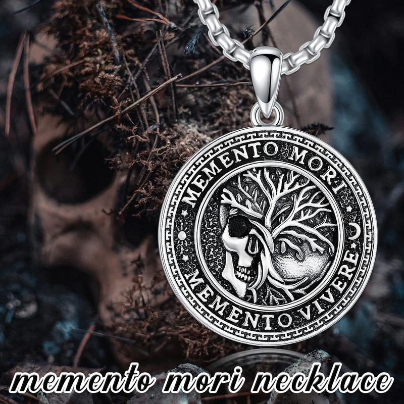 MEIDERBO Jewelry Memento Mori Necklace for Men 925 Sterling Silver Memento Mori Pendant Gothic Skull Pendant Amulet Protection Jewelry Gifts