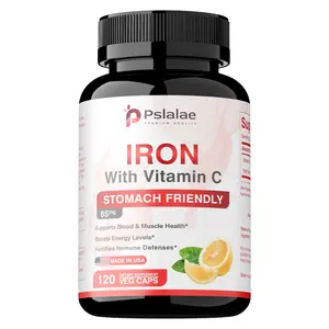 Pslalae -  Iron Supplement 65 mg with Vitamin C - Maximized Absorption, Stomach Friendly & High Potency Iron Pills for Red Blood Cells Formation & Immunity Health - Vegan Non-GMO, 120 Capsules