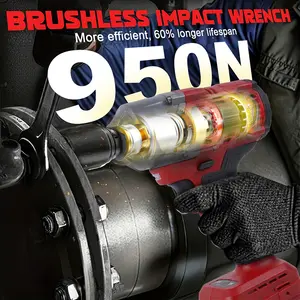 Cordless Impact Wrench 950 FT-LBS, 1/2 Inch Brushless Electric High Torque Wrench for Car Repair and Construction