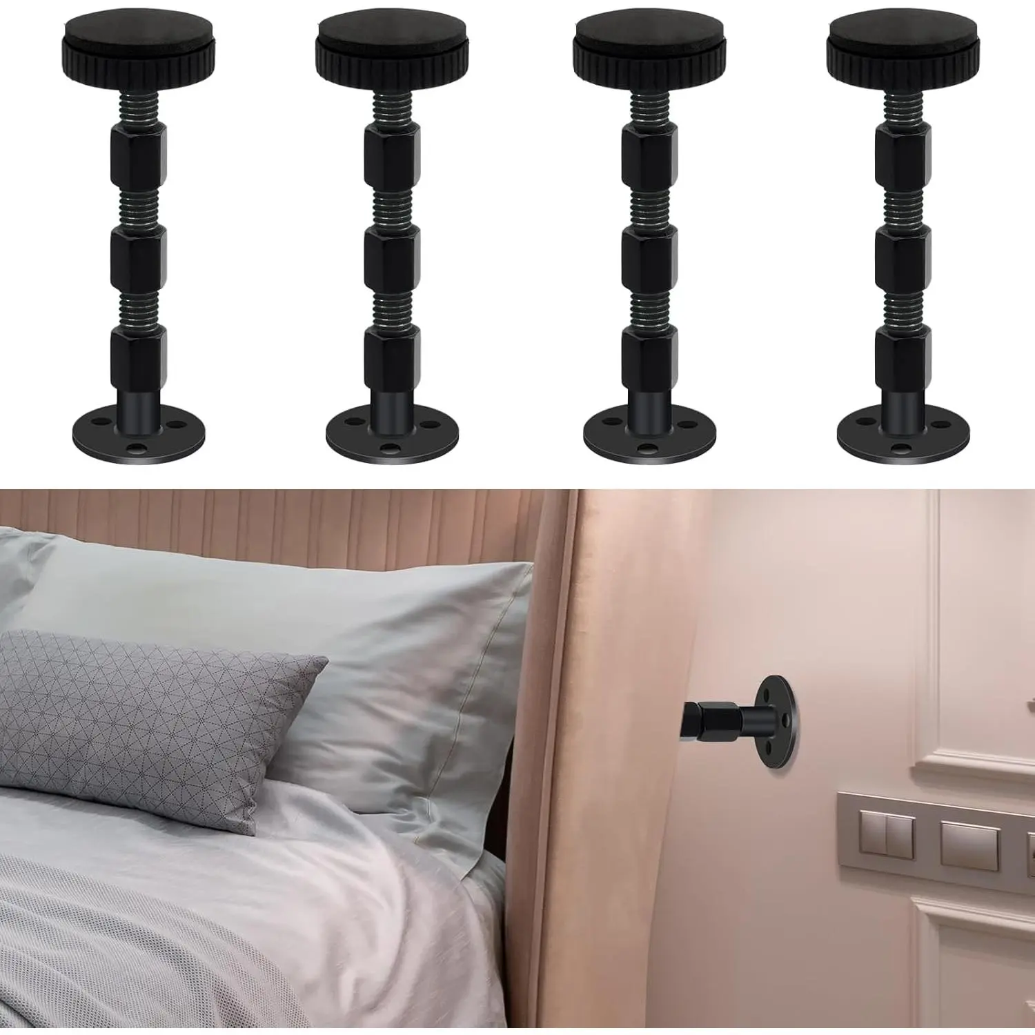 Adjustable Headboard Stoppers - 30-84mm Bed Frame Anti-Shake Tool with EVA Pad, Noise Reduction, Wall Protection, Added Stability & Easy-to-Install Wall Mounting Hardware for Shaking Furniture, Stabilizer