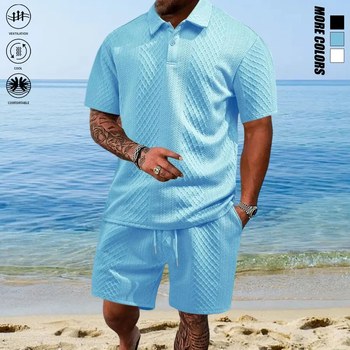Men's Solid Polo Shirt & Drawstring Waist Shorts Set, Cozy Breathable Two-piece Outfits for Daily Outdoor Wear, Men Clothes for Summer.