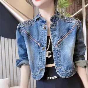 Early autumn women's short European style rhinestone new denim short jacket women's spring and autumn high-end super beautiful unique casual top