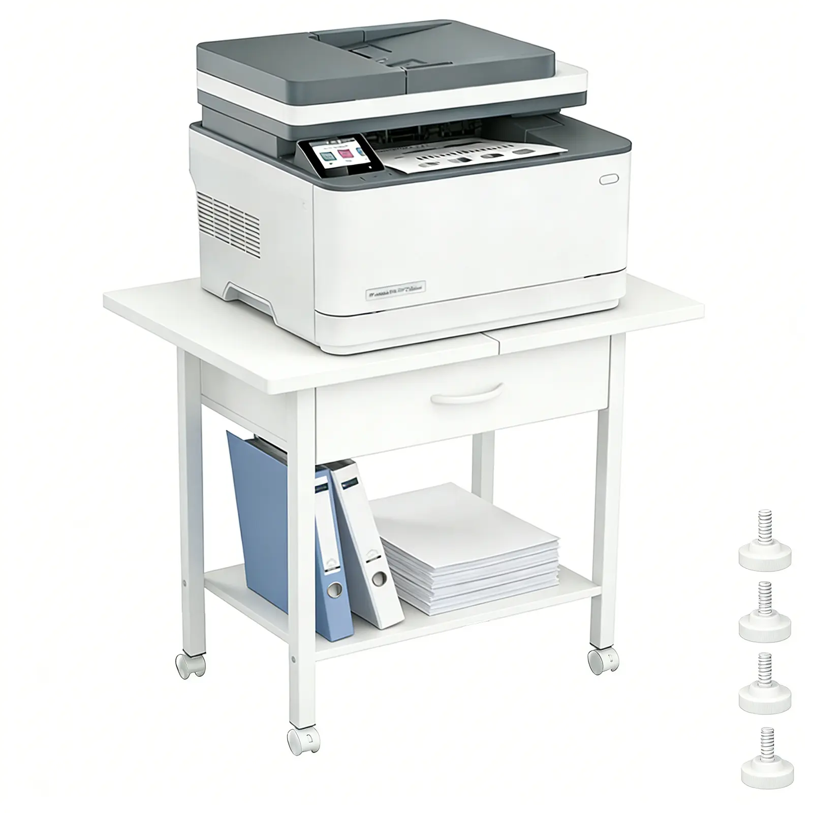 22" x 15" Under Desk Printer Stand, 2-Tier Shelf Printer Table with Stronge Fabric Drawer and Wheels,Rolling Cart for Home Office Fits 3D Printer Scanner (White)