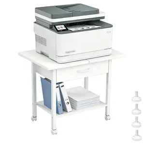 22" x 15" Under Desk Printer Stand, 2-Tier Shelf Printer Table with Stronge Fabric Drawer and Wheels,Rolling Cart for Home Office Fits 3D Printer Scanner (White)