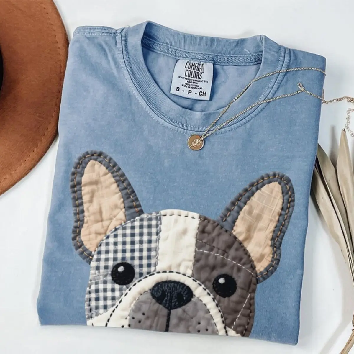 Comfort Colors RPRINTED French Bulldog T-Shirt, Quilted Frenchie Dog Tee, Gingham Pattern Puppy Lover Gift, Cottagecore Pet Art