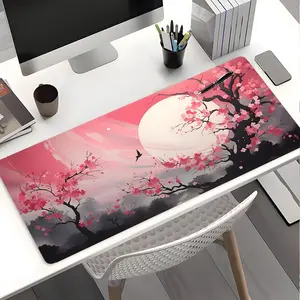 Pink Cherry Blossom Moon XXL Mouse Pad, Aesthetic Art Big Desk Mat with Rubber Anti-slip Base, Large Gaming Keyboard Pad, Perfect Gift For Flower Lover