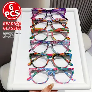 6 Pairs Floral Cat Eye Reading Glasses for Women, Trending Eyeglasses, High Quality Eyewear, Lightweight, Fashion Print Frame Bifocal Lenses, Prescription +0.0 to +4.0 Degrees
