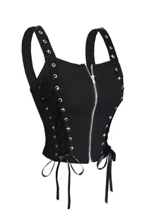 Y2K Rock Style Tie Front Crop Top, Zipper Opening Short Sleeve Shirt, Youthful Fashion, Streetwear Casual, Music Festival, Womenswear, Aesthetic, Piece