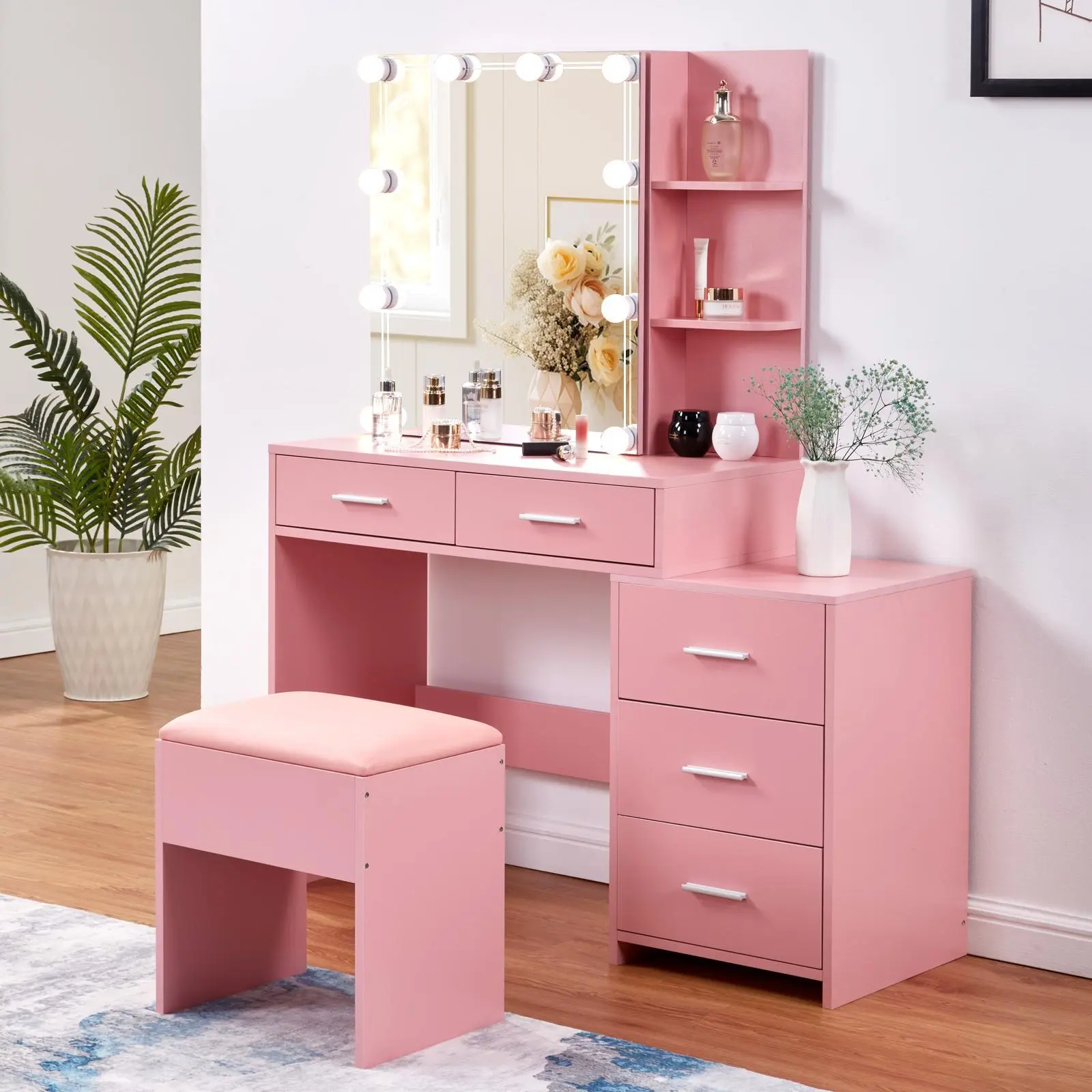 FCH Particleboard Triamine Veneer 5 Pumps 2 Shelves Mirror Cabinet Three Dimming Light Bulb Dressing Table Set
