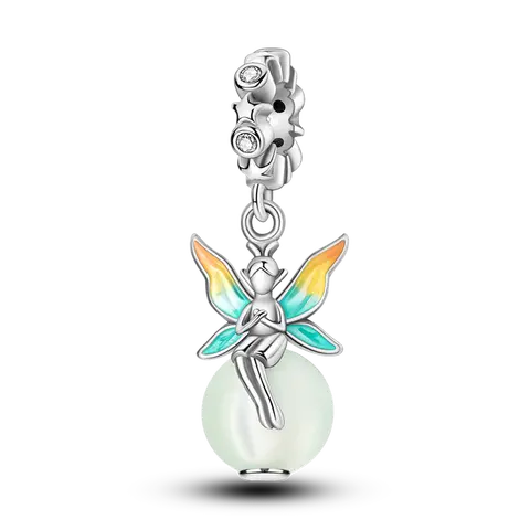 MULA Silver Plated Fairy Charm with Glow in the Dark Pearl & CZ, Orange Teal Enamel Wings, Fairycore Dangle Bead, Fits Most Bracelets & Necklaces, Gift for Her, Birthday, Valentine, Magical, DIY Jewelry