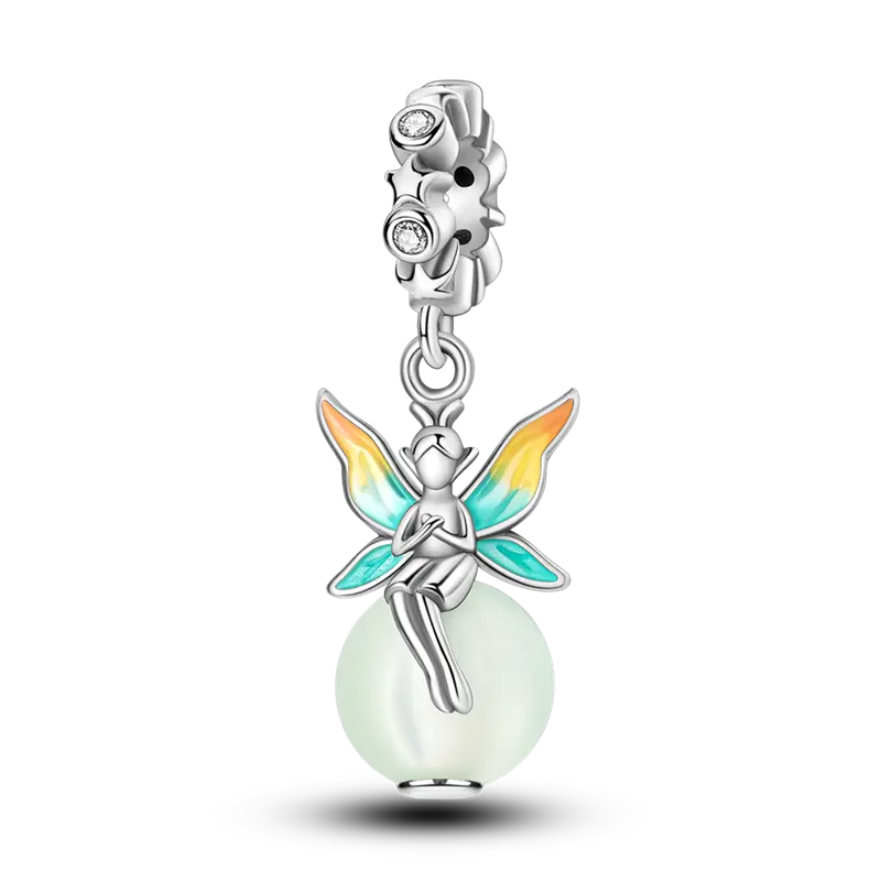 MULA S925 Silver-Plated Fairy Charm for Women, Elegant Fairy Tale Pendant with Glow-in-the-Dark Pearl and CZ Crystals, Fits Pandora Bracelets, Valentine's Day Gift, Happy Birthday, Valentines Day