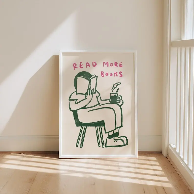 Read More Books Wall Art, Book Lover Print, Retro Library Decor, Bookworm Gift, Reading Nook Art, Reading Room Decor, Bookish Wall Art