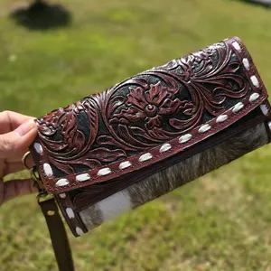 Leather Tooled Cowhide Wallet Wristlet with Intricate Floral Design and White Rivets No Additional Attributes Specified