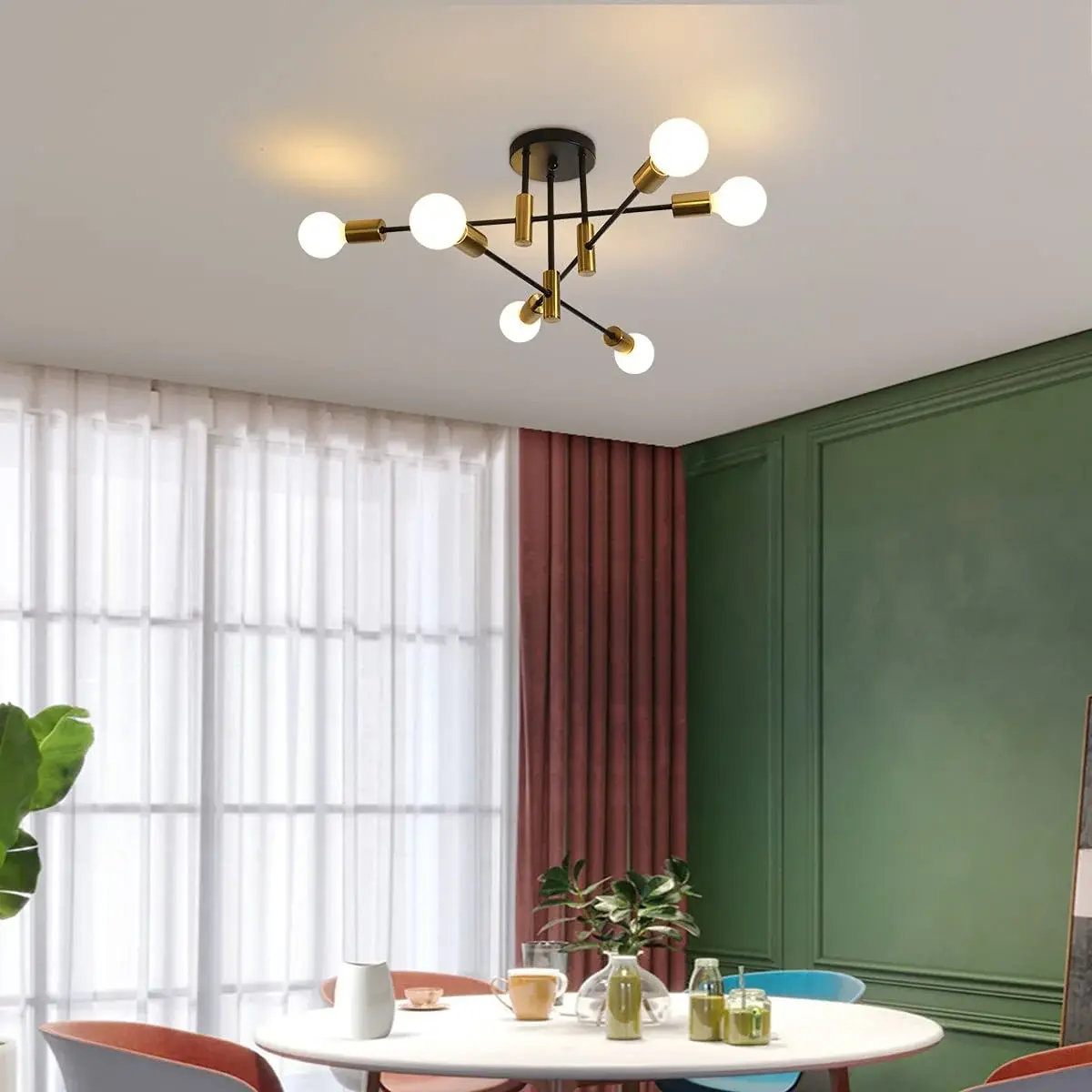 Garwarm 6-Light Sputnik Sphere Chandelier - Semi Flush Mount Ceiling Light Fixture with Rust-Resistant Canopy for Mid-Century Industrial Vintage Restaurant