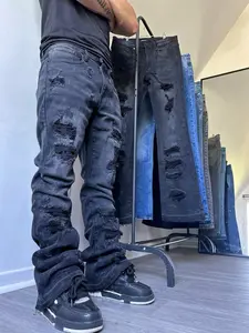 Men's Micro Flare Jeans, Loose-Fitting Plain Shorts, Y2K Washed Denim, Patchwork Design, All-Season Wear, Street Style