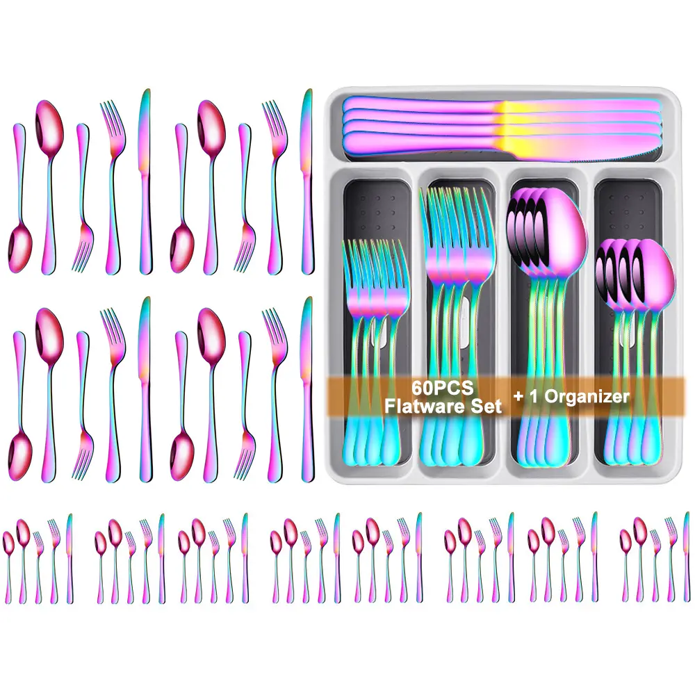 12-Person Food-Grade Stainless Steel Square Flatware Set - 60-Piece Sturdy Dinnerware Kit with Corrosion-Resistant Mirror-Polished Cutlery, Plastic Organizer Tray, Dishwasher-Safe Box for Everyday Home Use (Spoon, Fork Included)