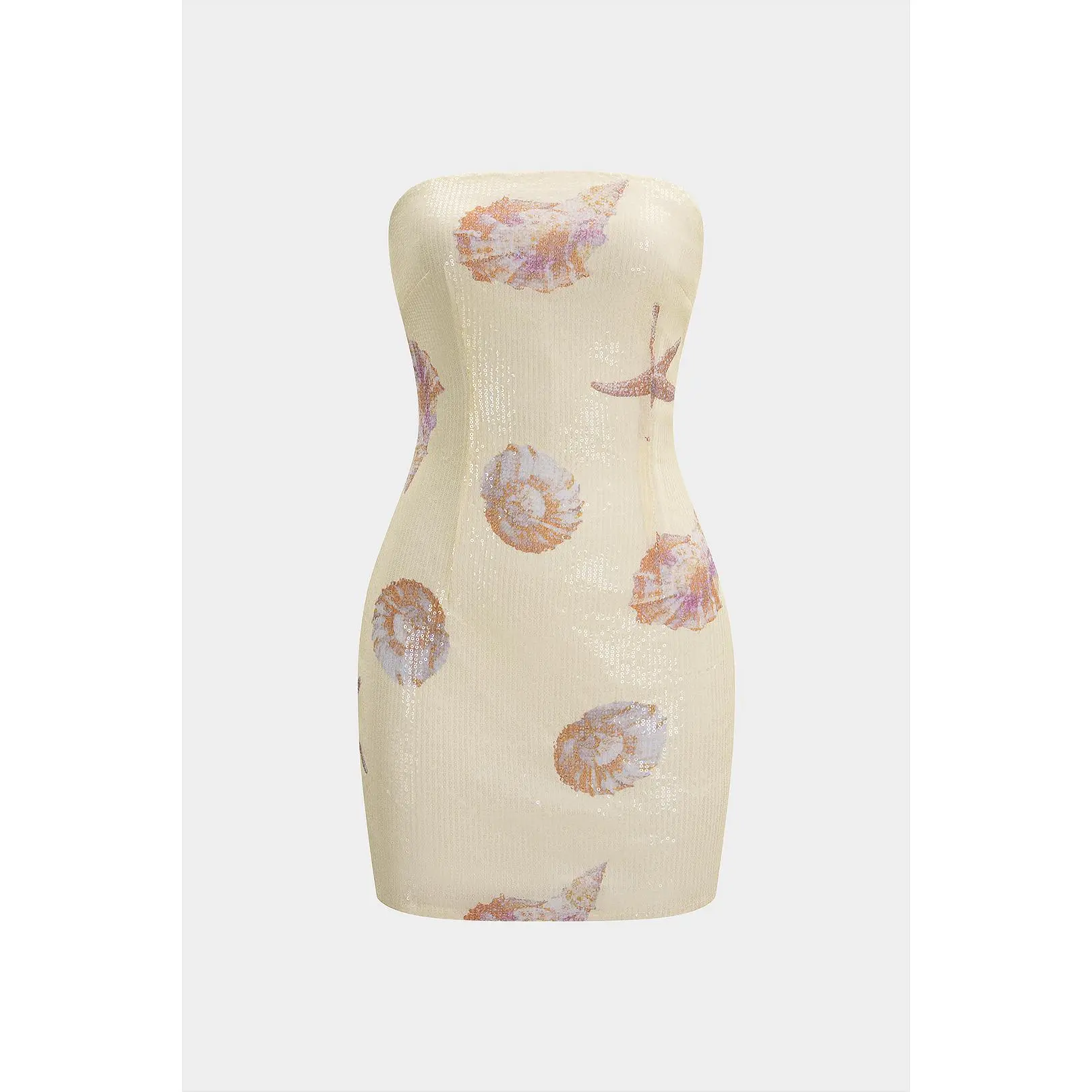 Starfish Shell Print Sequin Strapless Sleeveless Mini Dress