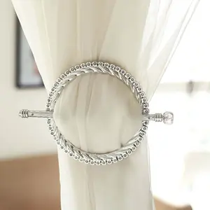 Set of 2 Silver Acrylic Braided Barrette Style Curtain Tie Backs With Crystal Diamond Studded Edge, Round Backdrop Drapery Brooch Holdbacks 6"