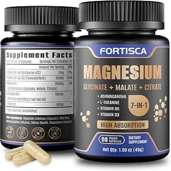 Triple Magnesium Complex Healthcare Supplement, 500mg 7-in-1 Formula with Glycinate, Malate, Citrate, High Absorption, 90 Capsules