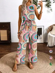 Women's Bohemian Style Boho Printed Casual Vintage Sleeveless All over Print Jumpsuit, Round Neck Wide Leg Pants, Elastic Waist Tie Adjustable, Perfect for Vacation and Parties, Womenswear