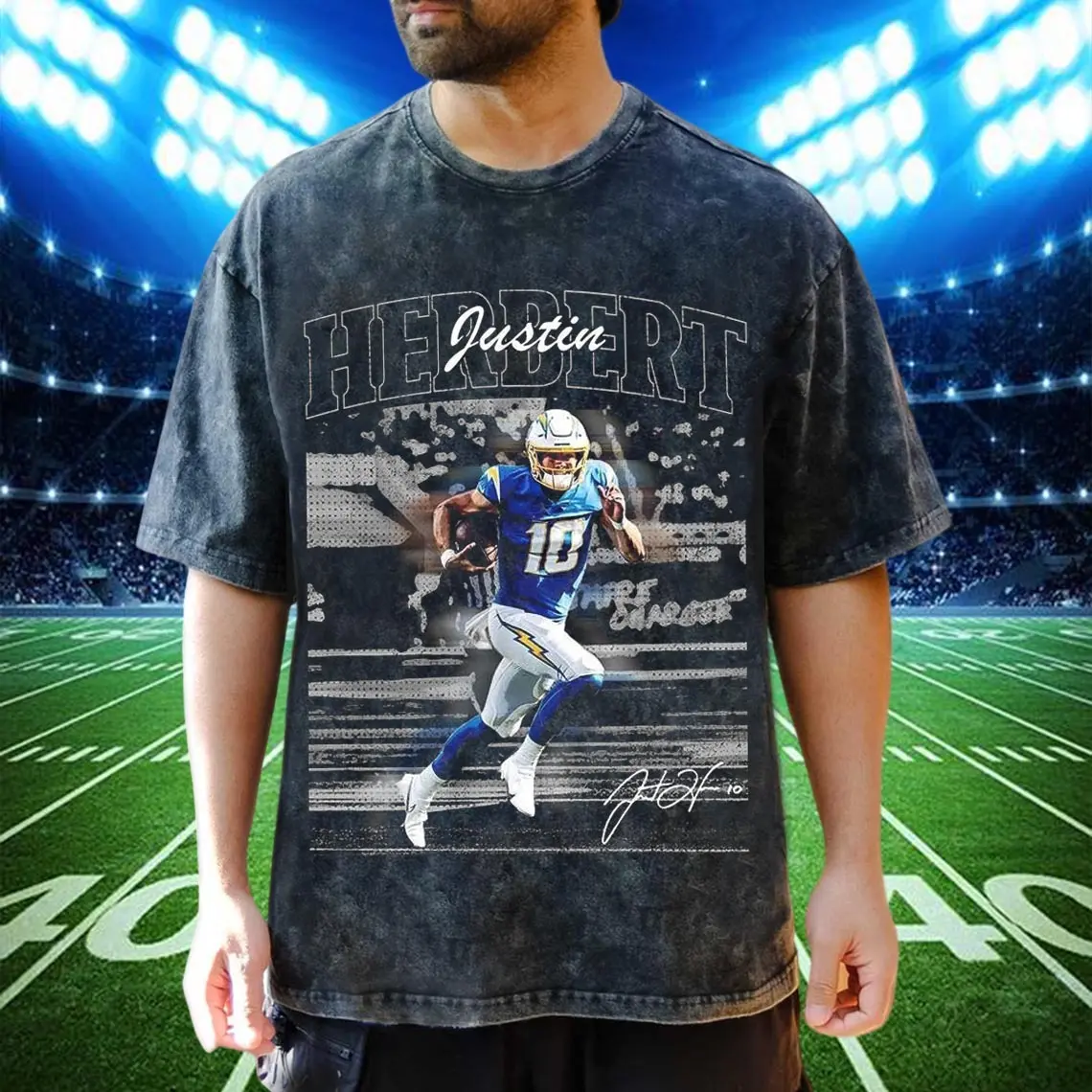 Justin Herbert Graphic T-Shirt, Vintage Charger Football Retro 90s Sweatshirt, Los Angeles Autograph Hoodies, Sport Wash Shirt, Gift for fan