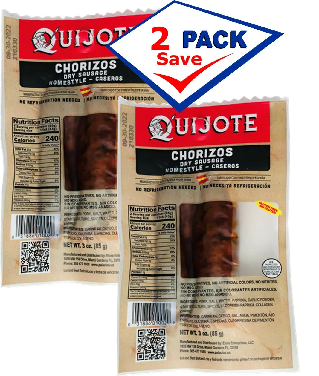 Chorizos Caseros Quijote 3 oz. 2 chorizos Pack of 2