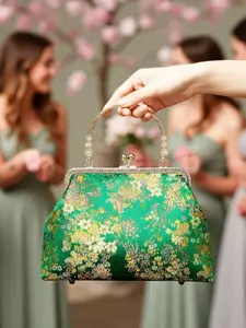 Spring Wedding Women's Kiss Lock Bag, Silk Material, Small Handbag, Chic Bag, Holds Phone, Cosmetics, Keys, Wallet, Elegant All-Over Print Messenger Bag