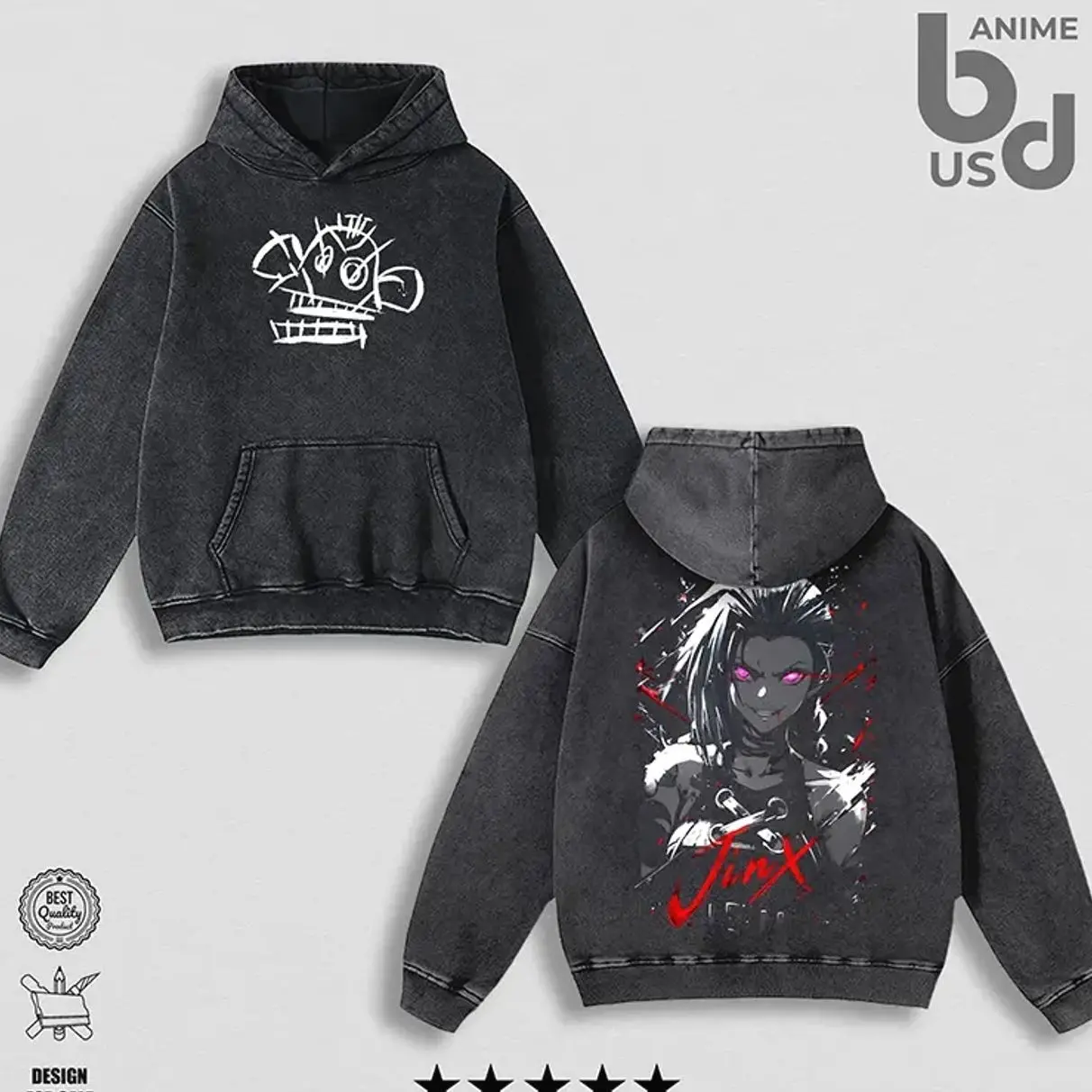 Men's Jinx Arcane Graphic Hoodie, 90s Retro Oversized Pullover Tops, Soft Cotton Streetwear Apparel, Pre-Washed for Comfort, Pieces, Classic, Cold Wash, Relaxed, Sweatshirts, Seamless, Casual, Fabric