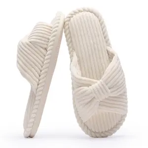 CHANTOMOO Women's Classic Corduroy Slippers with Bow, Open Toe Memory Foam Home Slippers, Cozy Indoor Outdoor Shoes