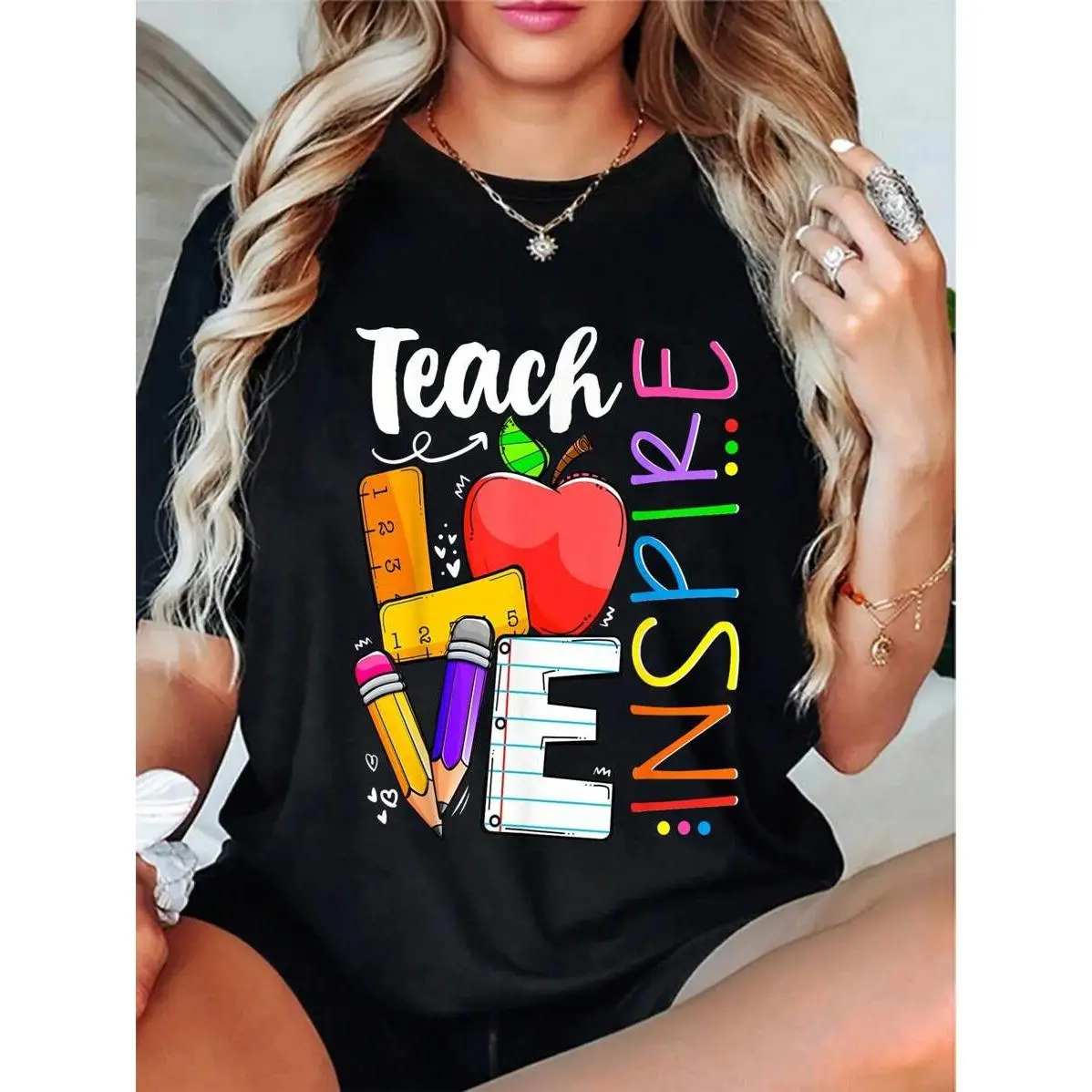 Women's Graphic T-Shirt, Teach Love Inspire Casual Cotton Short-Sleeve Top for Teachers, Valentine's Day Gift, Shortsleeve, Casual Everyday Tops, Tshirt, Thanksgiving, Easter, Lady, Valentines Day, Graphic Print, Athletic, Pure Cotton, Chic, New Year