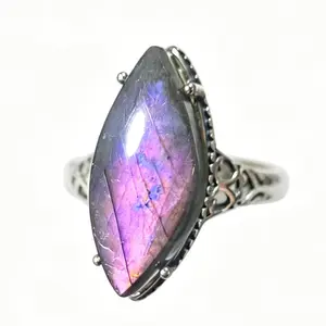 Adjustable 925 Sterling Silver Marquise Labradorite Statement Ring (24.3×11mm)