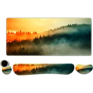 Keyboard  Pad Set, Extended Gaming  Pad +Keyboard Wrist Support + Wrist Rest +Coaster, 35.4x15.7 in XXL Large  Desk Mat 4in1 Set for  Office, Sunset Misty Forest