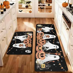 Set of 2 Halloween Kitchen Mats , Bat Broom Ghost Design, Non-Slip Low Height, Party Floor Mat Home Kitchen Decoration