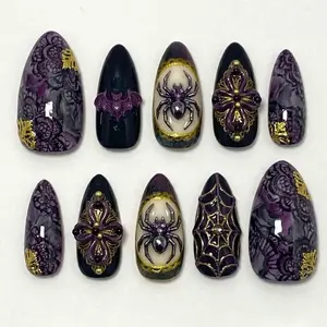 Handmade Gothic Vampire Press On Nails | 3D Bat & Spider Charms, Gold Lace Art, Ornate Crosses | Almond Nails for Grunge Aesthetic