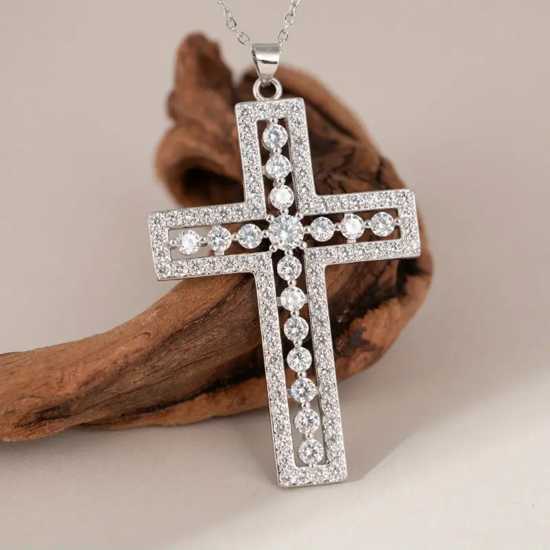 Women's 925 Sterling Silver Moissanite Mosaic Cross Necklace - 7.4ct D Color VVS1 Round Cut, 17.72in Chain, Hip-hop Style Female Fashion Jewelry, for Music Festival Halloween, Ideal Christmas Gift, Cross Necklaces